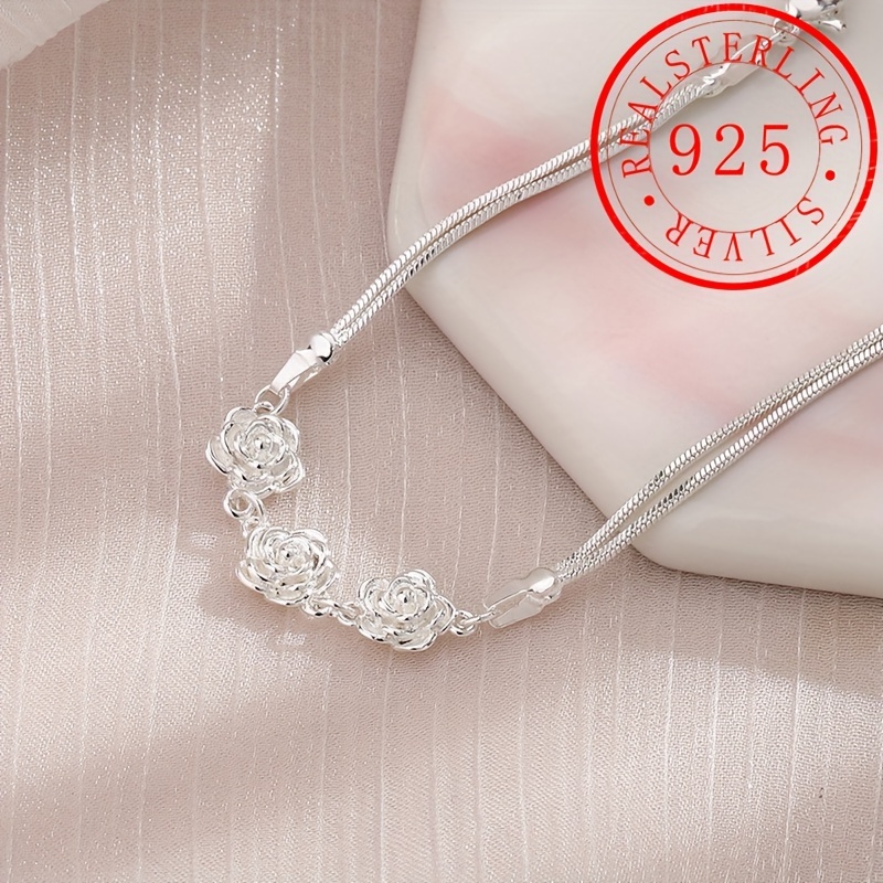 

1pc S925 Sterling Silver 3d Rose Double Layer Charm Bracelet Camellia Sweet Style Hand Jewelry For Women Exquisite And Minimalist Flowers Bracelet 3.87g/0.13oz