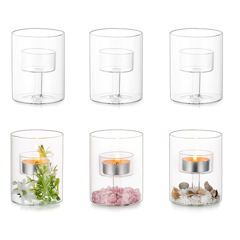 6 Glass Tealight Candle Holders | 3.15 Inches Tall Mini Hurricane Candle Holders, Modern Table Centerpiece Decor For Weddings, Birthdays, Valentine's Day & Party Decorations, Polished End