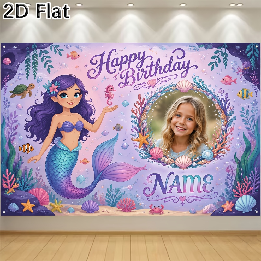 TEMU 2d Flat, 1pc [2d Flat] Banner Theme Happy Birthday Party Backdrop Banner Customizable Name And Photo Ideal For Underwater Themed Birthday Party