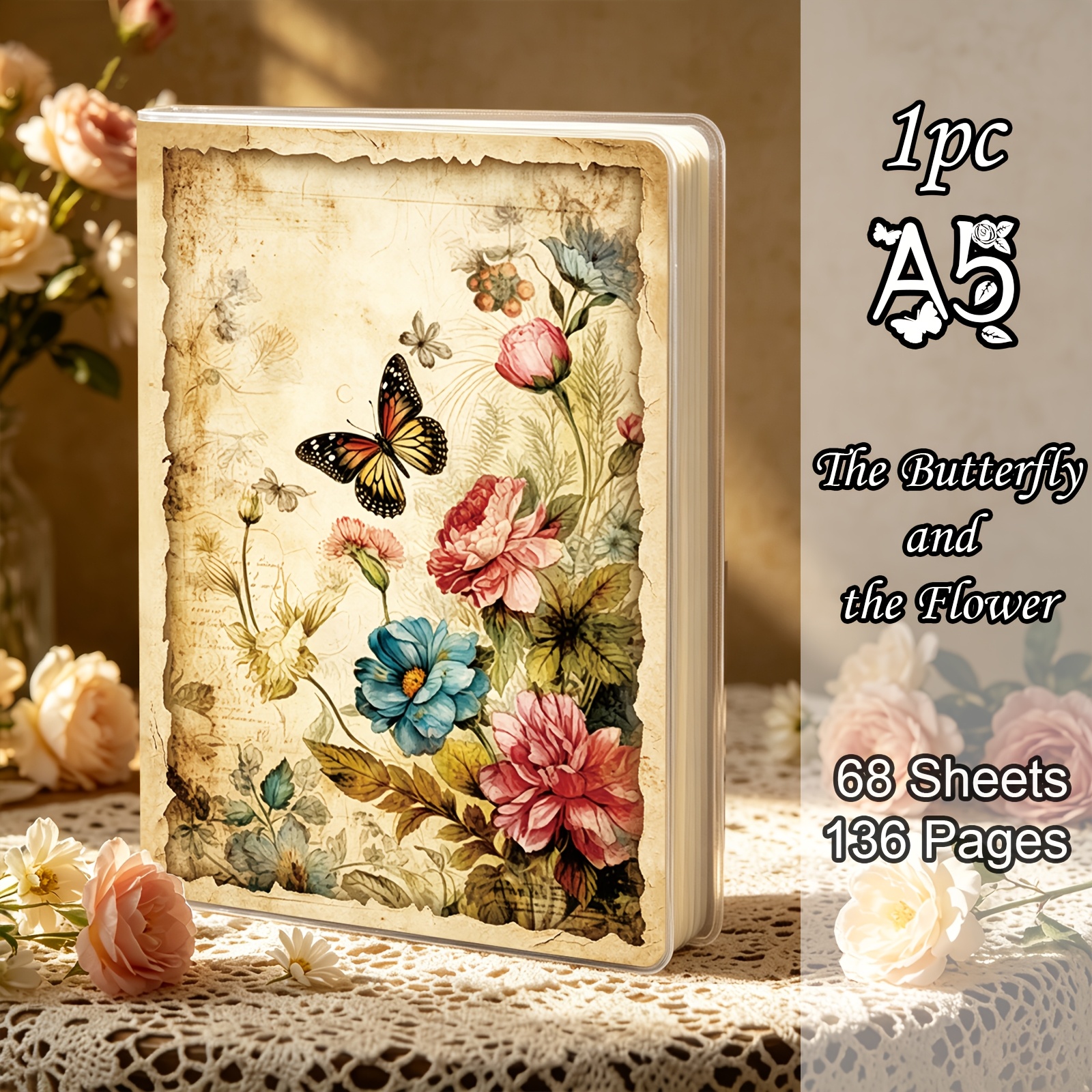TEMU A5,136pages,butterflies & Flowers Notebook,floral Diary,lined Diary,fashionable Notebook, Pp Cover,composition Notebook,travel Journal,office