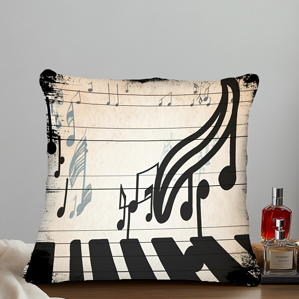 TEMU 1pc, Black And White Music Symbol Piano Pillowcase, Single-sided Printing, No Pillow Core, 18 X 18 Inches, Short Plush Cushion Cover, Country
