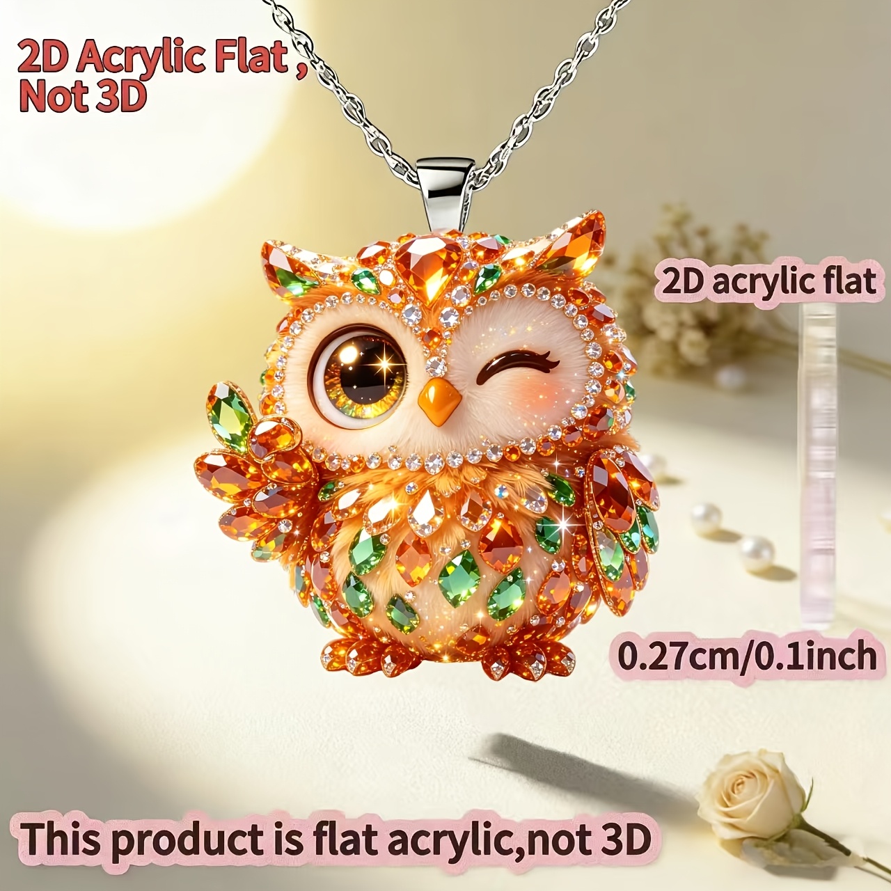 2D Acrylic Owl Pendant Necklace, Unisex Gift