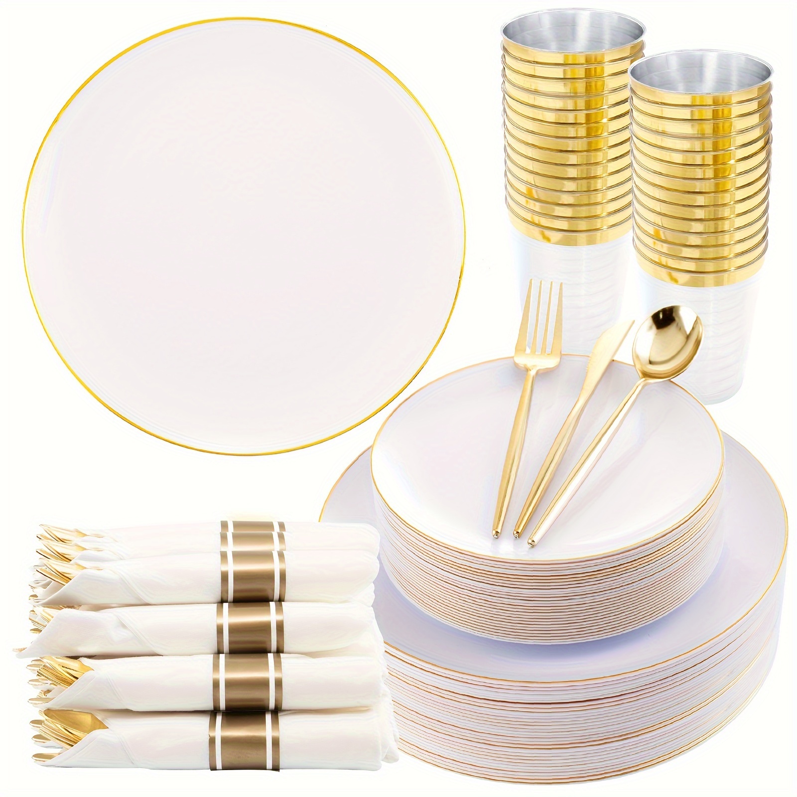 

350 Pcs Plates, Golden Disposable Dinnerware Sets, : 50 Dinner Plates 10.25 Inch, 50 Salad Plates 7.5 Inch, 50 Pre-rolled Napkins With Golden Plastic Cutlery And 50 10 Oz Golden Plastic Cups