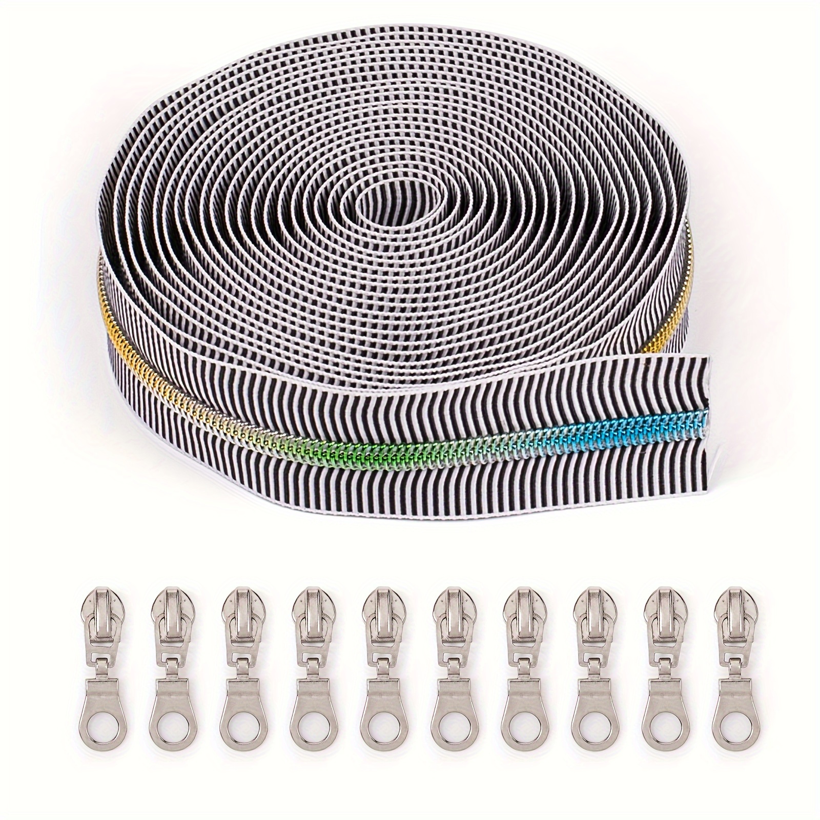 Image of A Pack Of Black And White Striped Zippers Measuring 177 Inches/5 Yards/450 Cm, Featuring Size 5 Color Zippers With Contrasting Light Golden, Antique Bronze, And Silvery Gradient Teeth