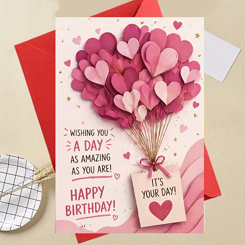 TEMU . Geburtstags-Grußkarte mit Ballon-Design in Rosa und Herzform, geeignet für Geburtstage, perfektes Geburtstagsgeschenk, kann an Freunde,