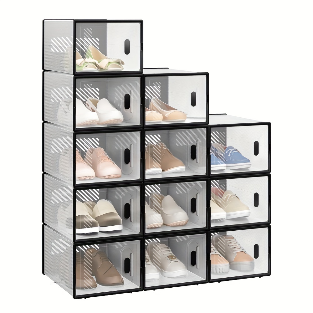 1pc Stackable Shoe Box, 12pcs Set, Magnetic Door Shoe Box, Plastic Shoe Storage Box, Foldable Shoe Organizer, 35 X 19 X 25 Cm, Transparent Black