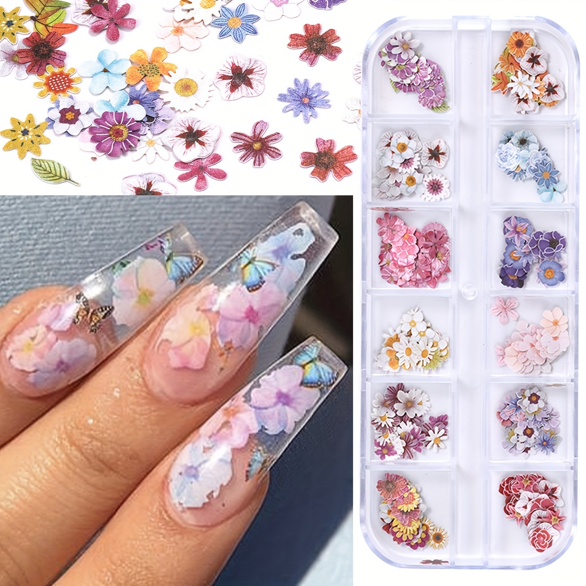 

12 Grids Natural Wood Chip Flower Nail Art Decorations, Assorted 3d Floral Design, Diy Manicure Craft Miniatures In Storage Box For Salon & Home Use
