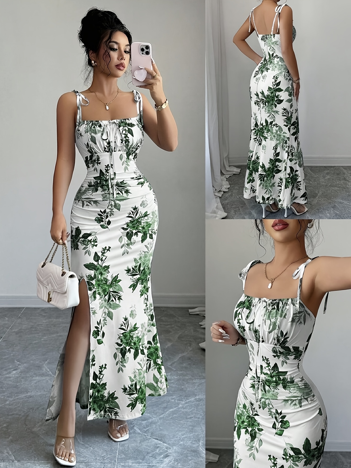 Ladies' Elegant Printed Spaghetti Strap Ruffled Shoulder Tie Bow Hip Slit Dress for Dates, Parties, Gatherings, Beach Vacations