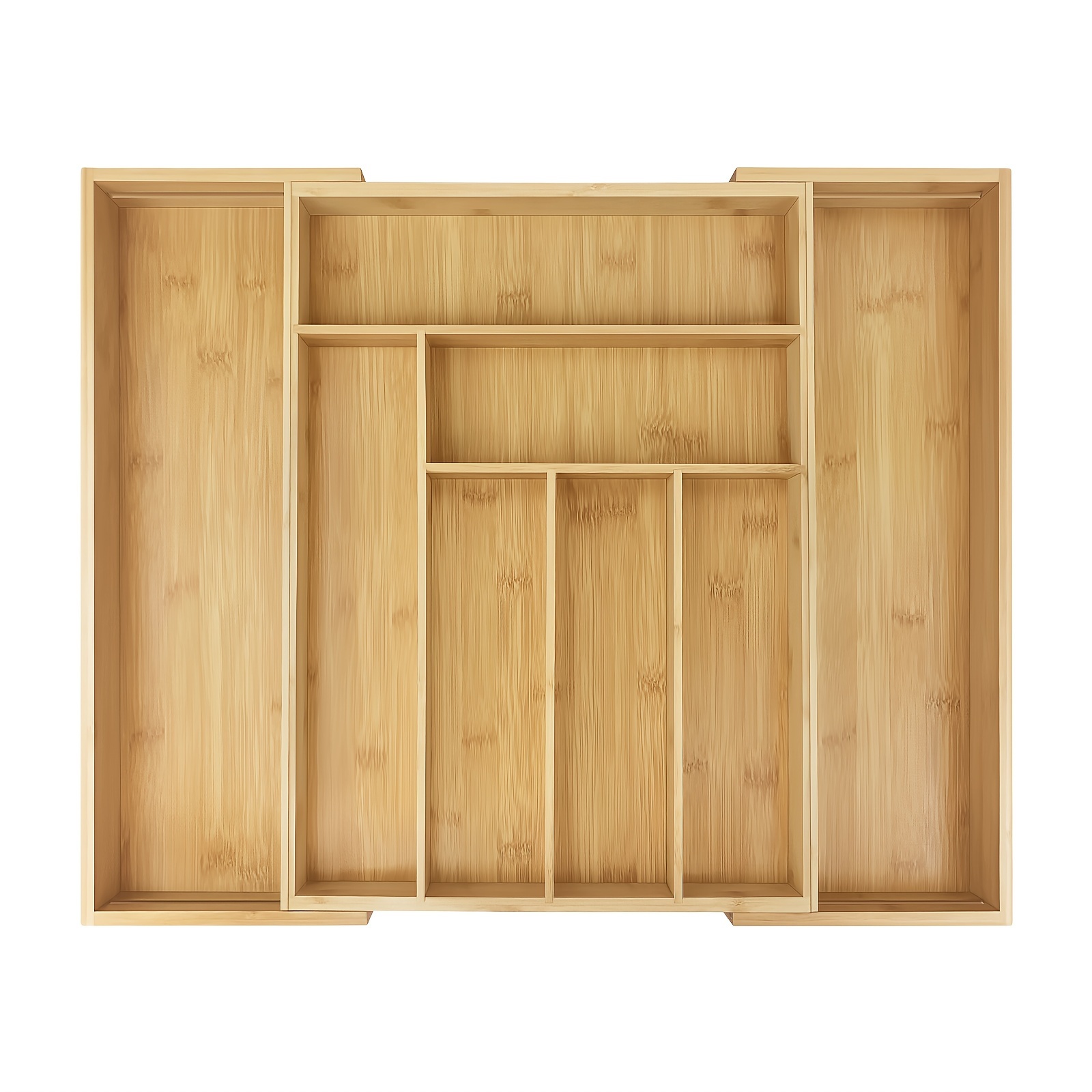 Bamboo Cutlery Organizer For Drawers, Expandable From 32cm To 52cm In Width, Featuring 6 To 8 Compartments For Flatware And Utensils