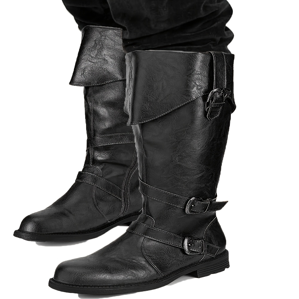 Image of Men's Medieval Renaissance Boots, Vintage Knight Pirate Cosplay Knee High Boots, Retro Strap Larp Costume Footwear For Halloween