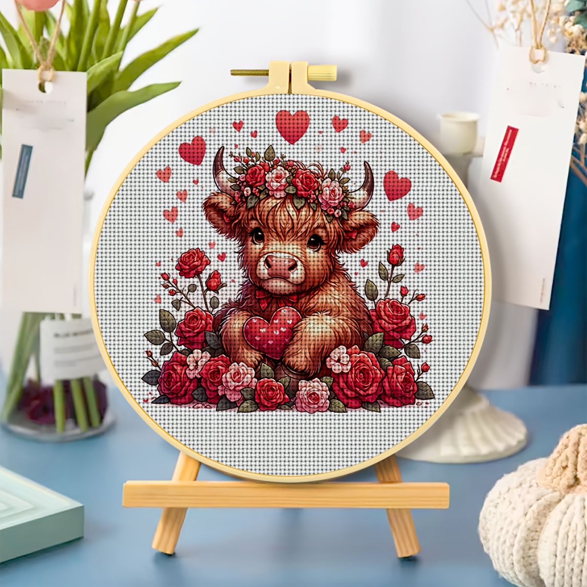 Round DIY Cross-Stitch Printed Kit with Embroidery Hoop
