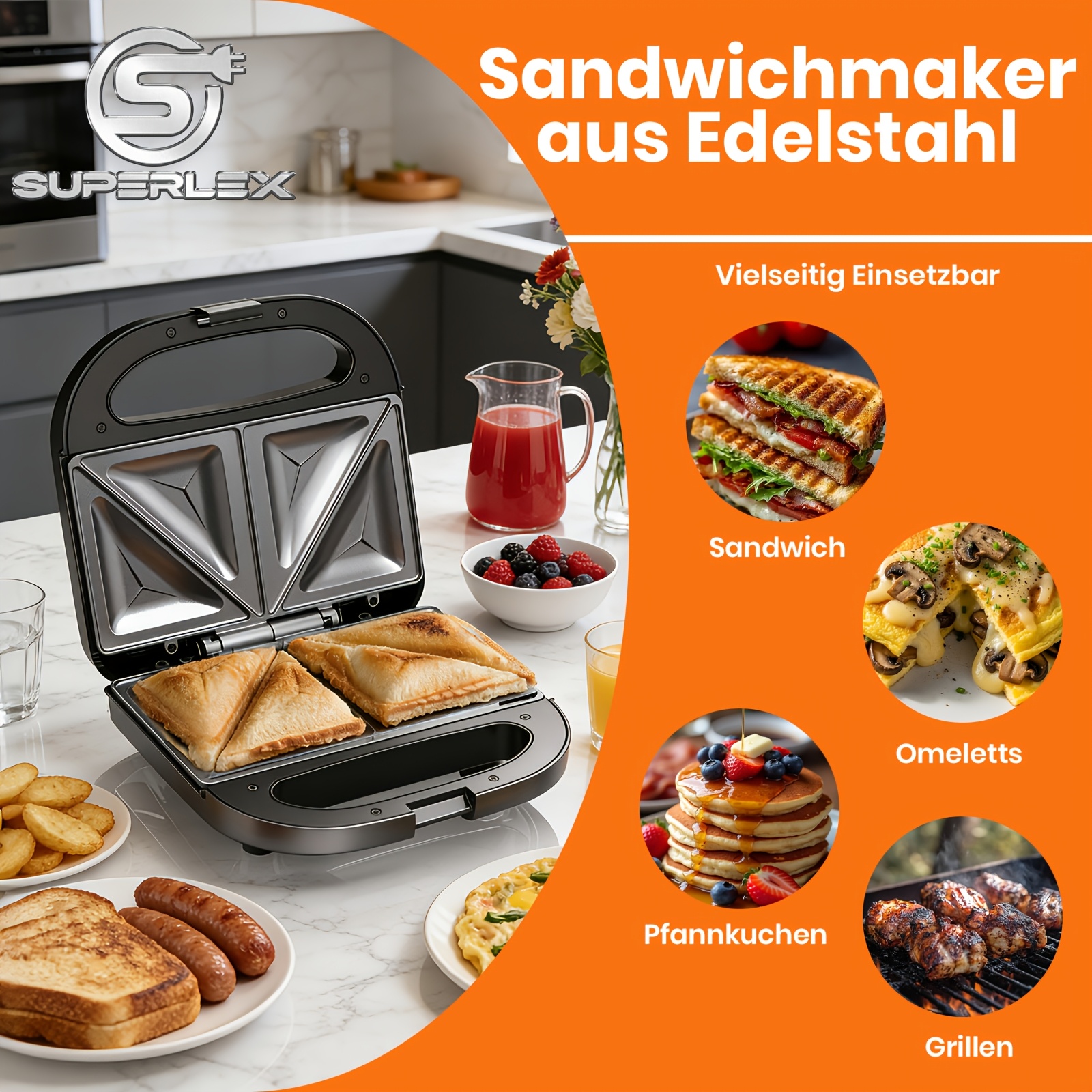 Superlex Sandwich Maker Machine With Plates, -sided Grill & Fast Heating Suitable For, Cafes, Offices - Compact Square Grill For Perfect Crispy Sandwiches, Plug-in Voltage (no Adapter Included)