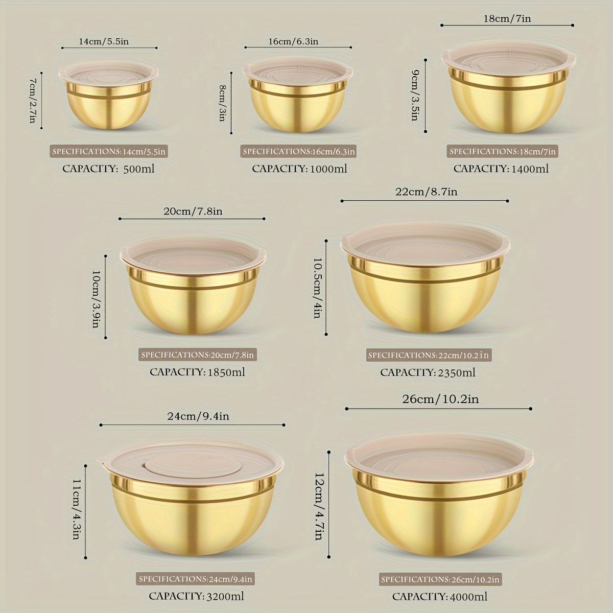 TEMU 3pcs Mixing Bowl/14pcs (7pcs Mixing Bowl + 7pcs Lid)stainless Steel Golden Mixing Bowl Set With Lid White/black/khaki, Christmas Serving Golden