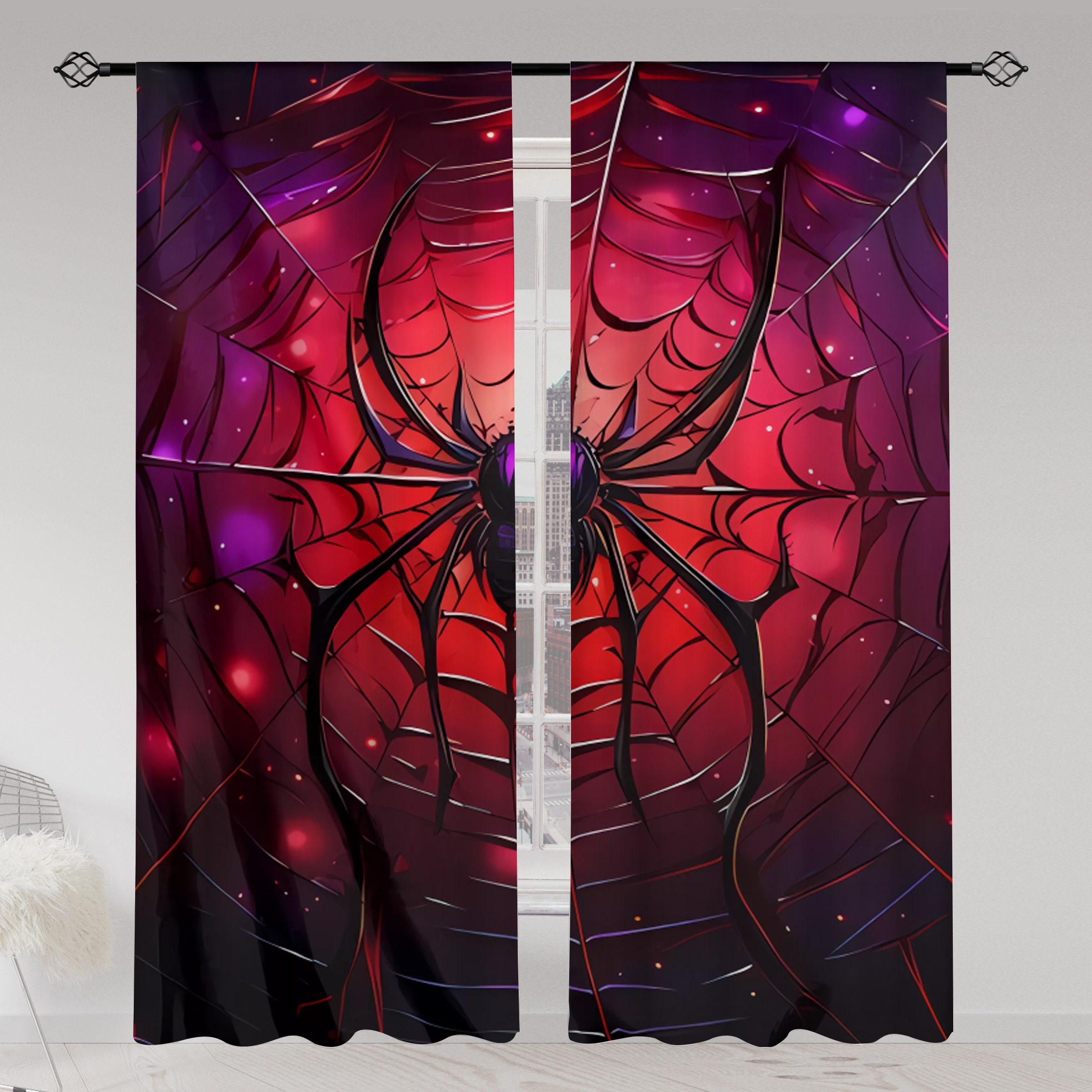 TEMU 2pcs Print Semi-sheer Curtains - Rod For Living Room, Bedroom & Game Room Decor | Machine Washable Polyester Drapes