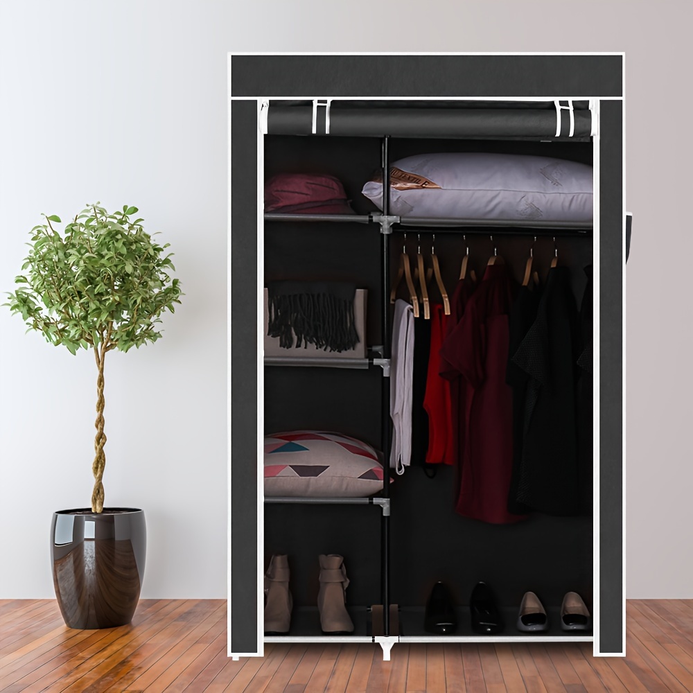 

1pc 64"portable Closet, Wardrobe With 4 Shelves And Hanging Rod, Storage Organizer For Bedroom, Non-woven Fabric Cover With 4 Side Pockets, Black