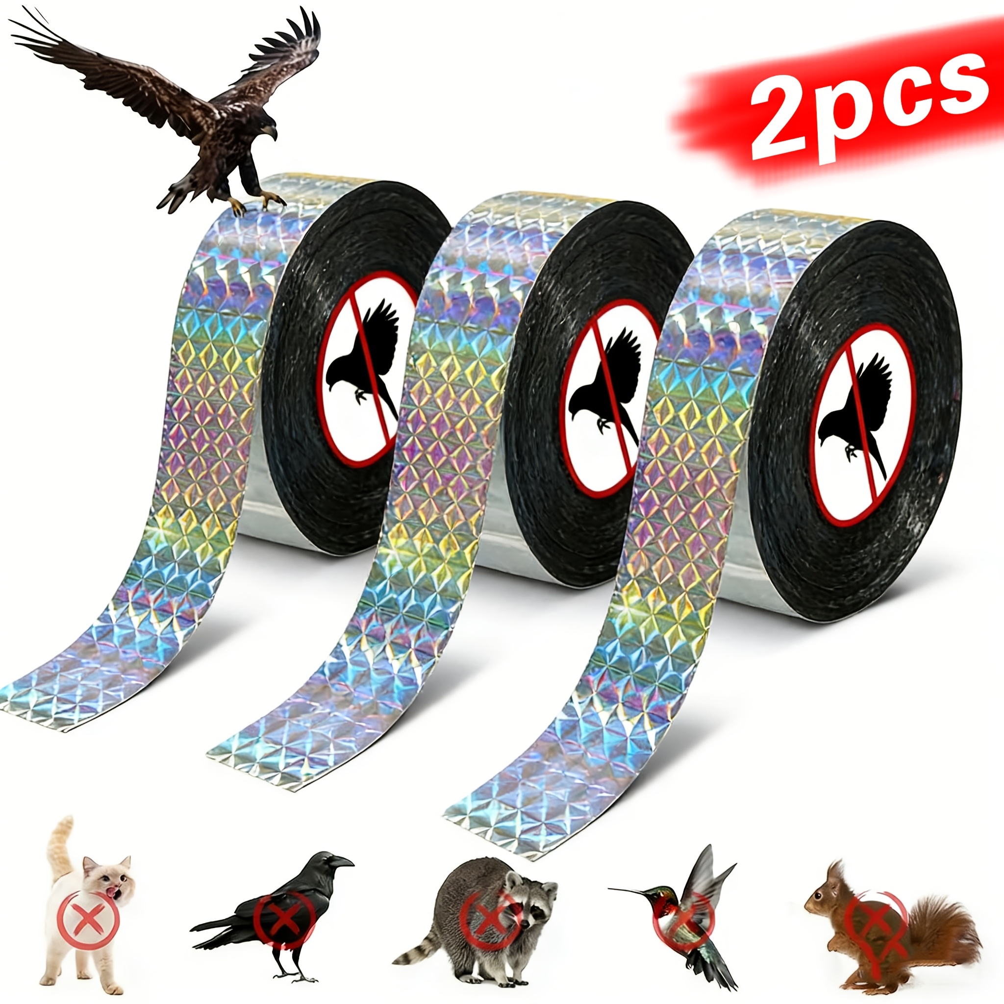 2 roll double sided laser bird repellent ribbon suitable for   gardens   rooftops reflective glittering vinyl tape with     physical deterrent for birds cats squirrels outdoor pest
