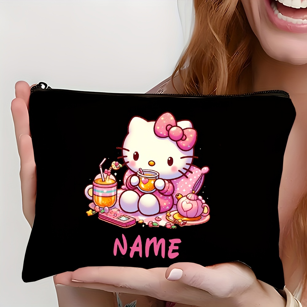 

Customizable Hello Kitty Cosmetic Bag - Personalized Name, Black With Accents, Lightweight Polyester Toiletry Organizer With Zipper - Ideal For Travel & Birthday Gifts, Sanrio