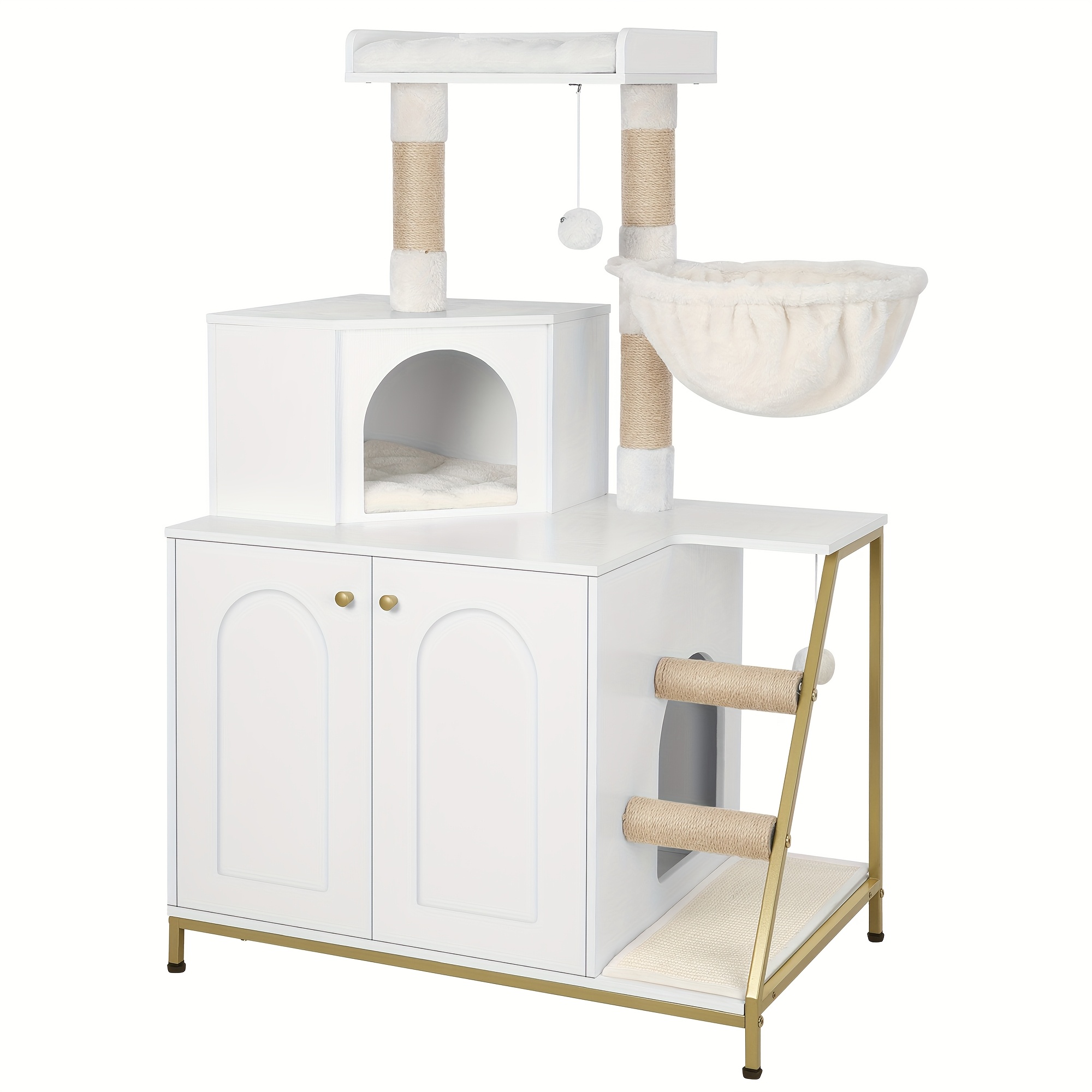 E-shop Katzenklo Mobil, 4-in-1 Katzenhaus mit großer Plattform, Katzenhaus mit Sisal-Kratzmatte, Pfosten, Leitern Pompons, waschbare Kissen
