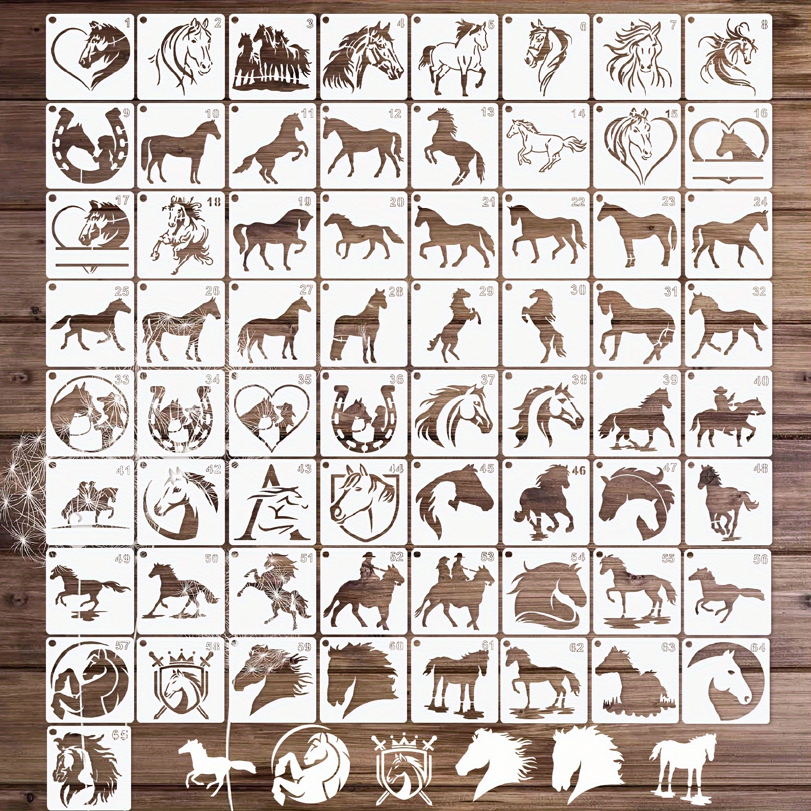 

65pcs Horse Stencils For Painting Crafts Reusable Painting Pattern Templates For Diy Scrapbook Sign Shirt Canvas Wall Cookie Furniture Floor