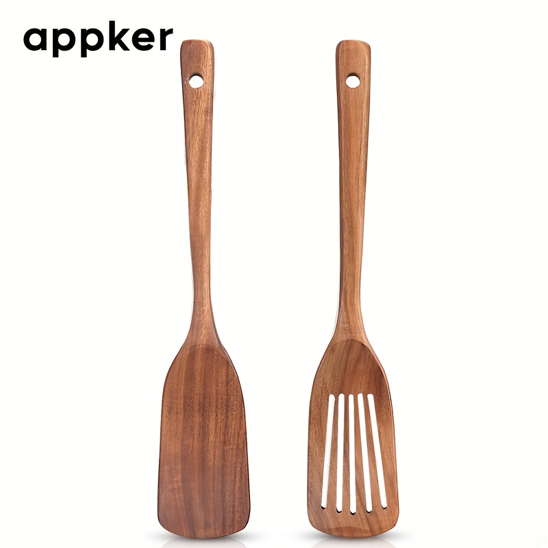 TEMU Appker 2pcs High-quality Wooden Spatulas - , Sturdy Cooking Tools Featuring A Slotted Design For Effortless Flipping And Serving - Must-have