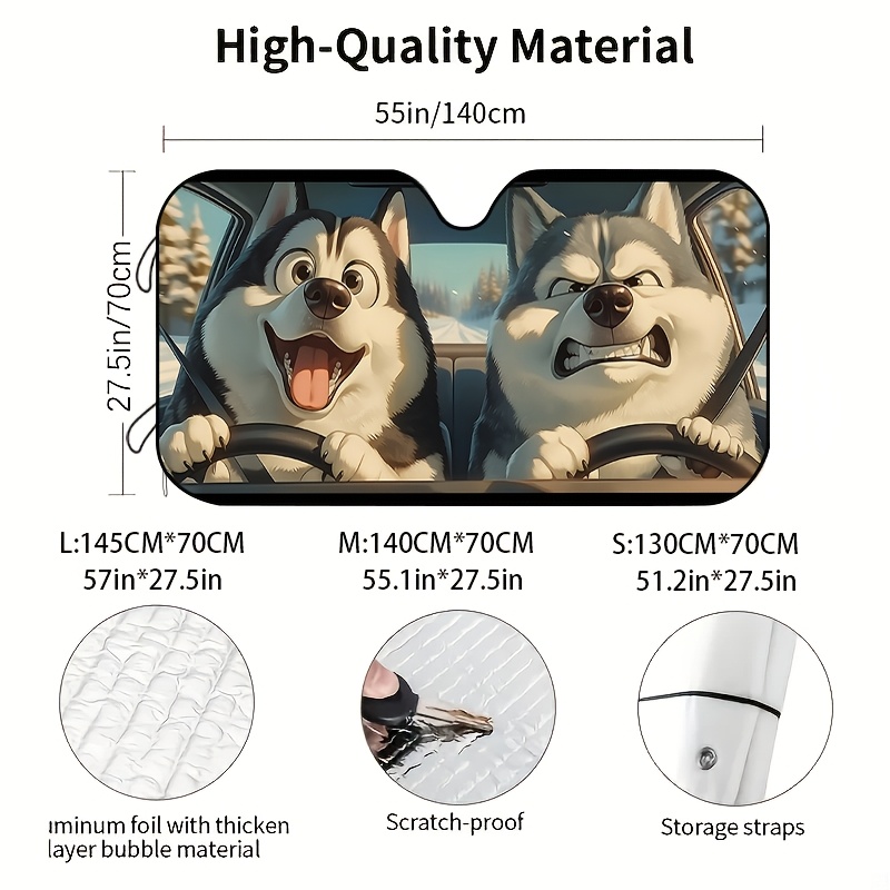 TEMU Adorable Husky Dog Sunshade For The Front Windshield â Cartoon Style Against , Maintains A Cool Interior, Ideal For Summer Travel And Everyday