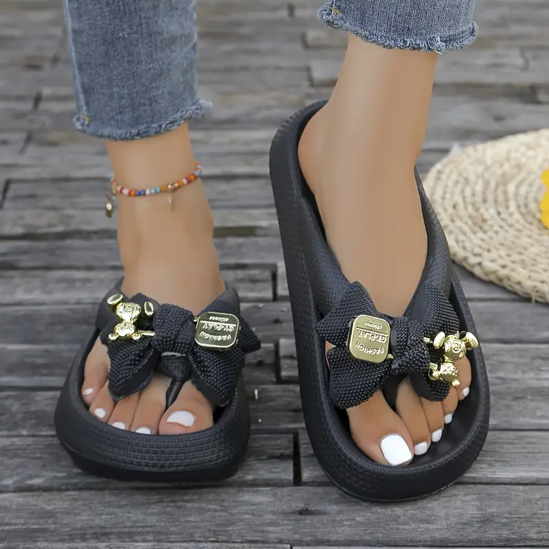 womens summer casual flip flops cute cartoon bear thick sole non slip slides beach vacation slip on slippers dorm home daily leisure large size ladies shoes flat heel eva material Product details 3