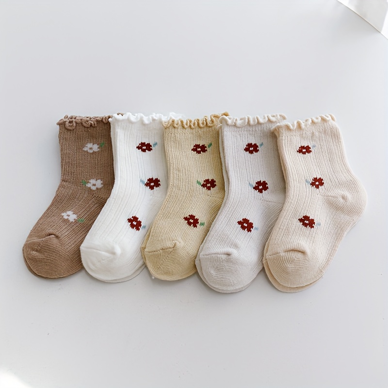 Image of 5 Pairs Of Cute Baby Girl's Mid-calf Socks With Edges And Floral Embroidery - Soft Polyester Blend, , Hand Wash Only, Socks| Edges Socks|knit Texture Socks