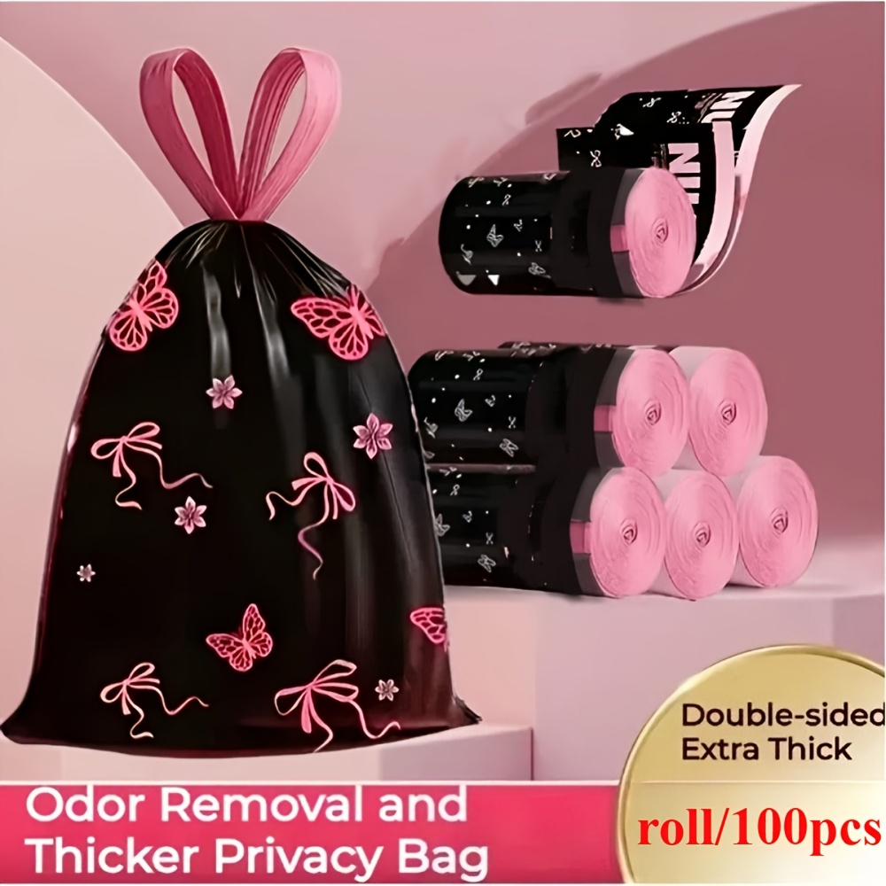 TEMU 50 Scented Drawstring Trash Bags - Thickened And Tear-resistant - Pink Bow Pattern, Dense Polyethylene Drawstring Garbage Bags - Multipurpose