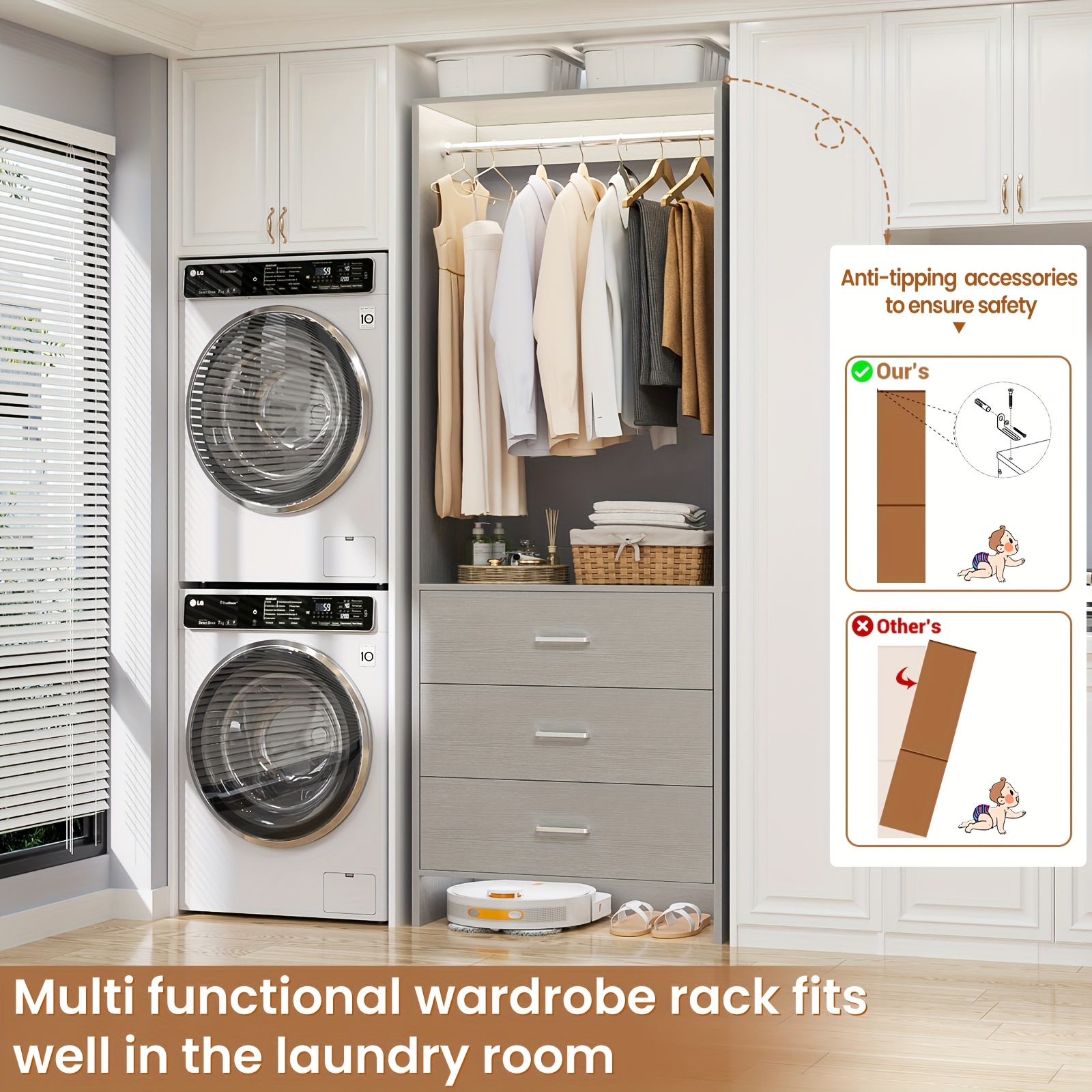 Wardrobe with 3 Drawers, 24 Inch Closet Organizer, Wooden Closet, Walk-in Closet