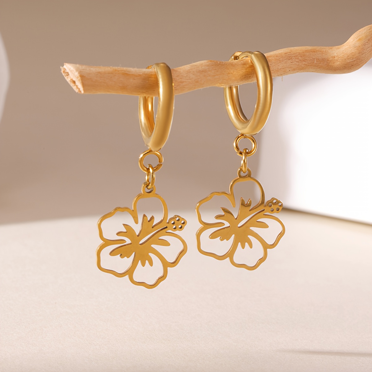 TEMU 1 Pair Of Hollow-out Small Flower Pendant Stainless Steel 18k Real Gold Plated Earrings