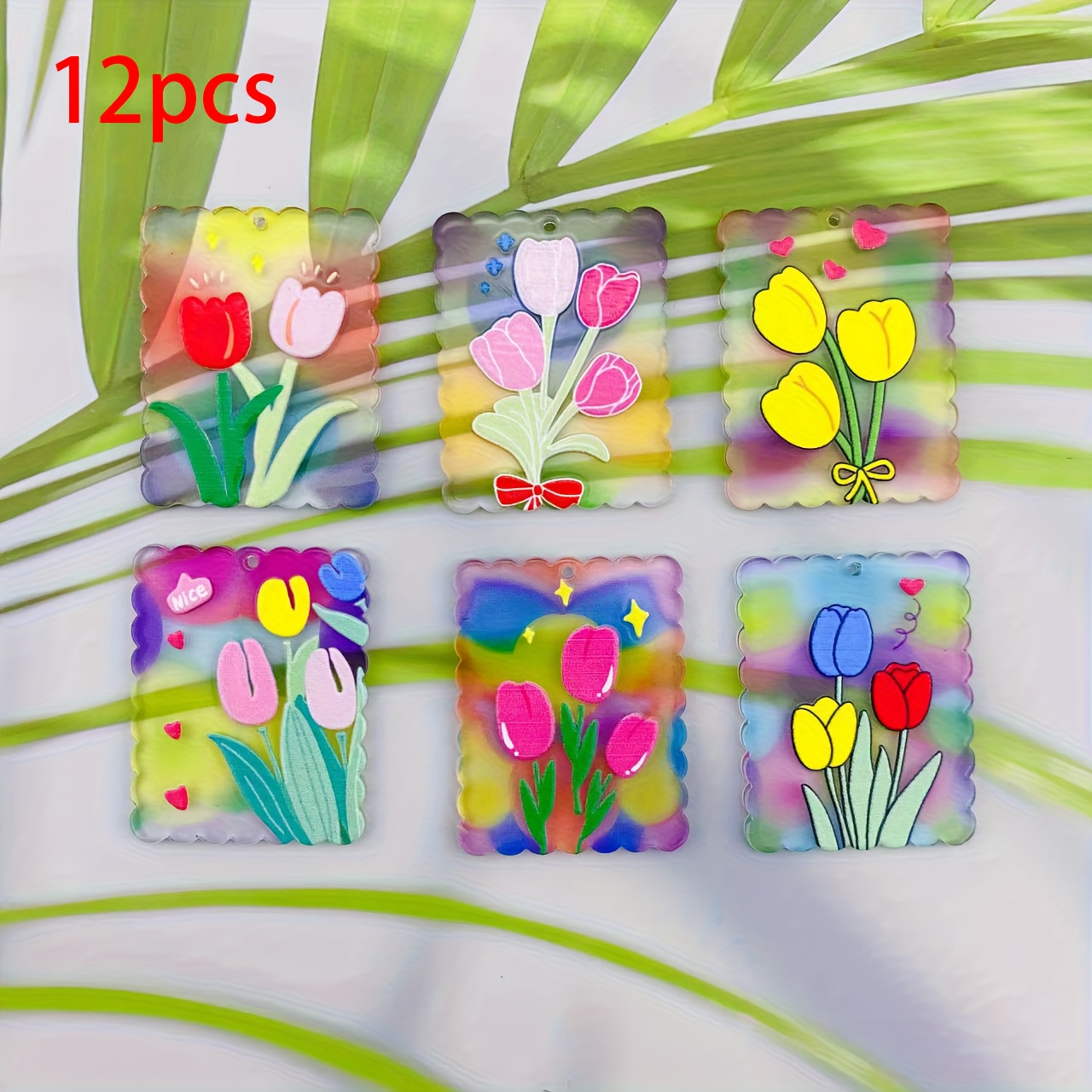 TEMU 12pcs Acrylic Charms - Transparent Relief Multicolor Diy Keychain & Earring Pendants With Intricate Floral Designs, Vibrant Glossy Accessories