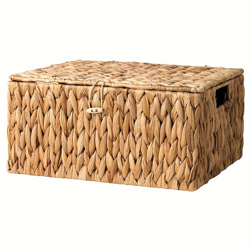 

Large Water Hyacinth Wicker Basket With Lid - Spacious Storage Organizer For Shelves, Built-in Handles Included