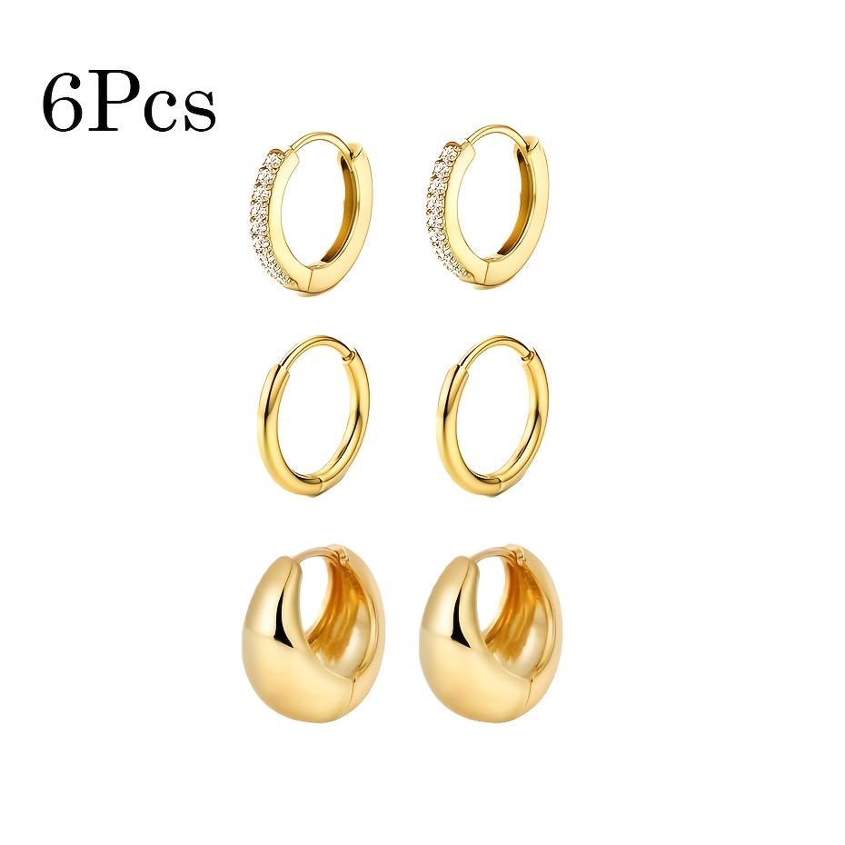 TEMU 6pcs Women's Fashion Hoop Earrings, 316l Hypoallergenic, 18k Gold Plated, Elegant, Sexy, Fashionable, Thick Hoop Design, Golden And Silvery