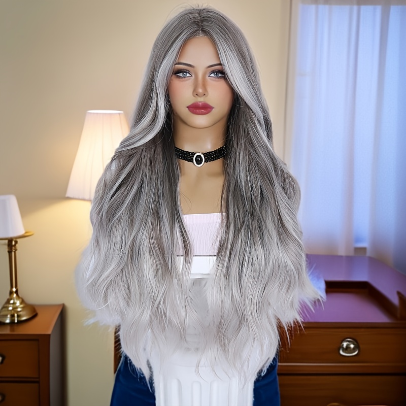 TEMU Style, Gradient Silvery Gray Long Wavy Women's Synthetic Wig Without Lace Front Hair - 100% Density, With Elastic Mesh , Suitable For Daily Wear