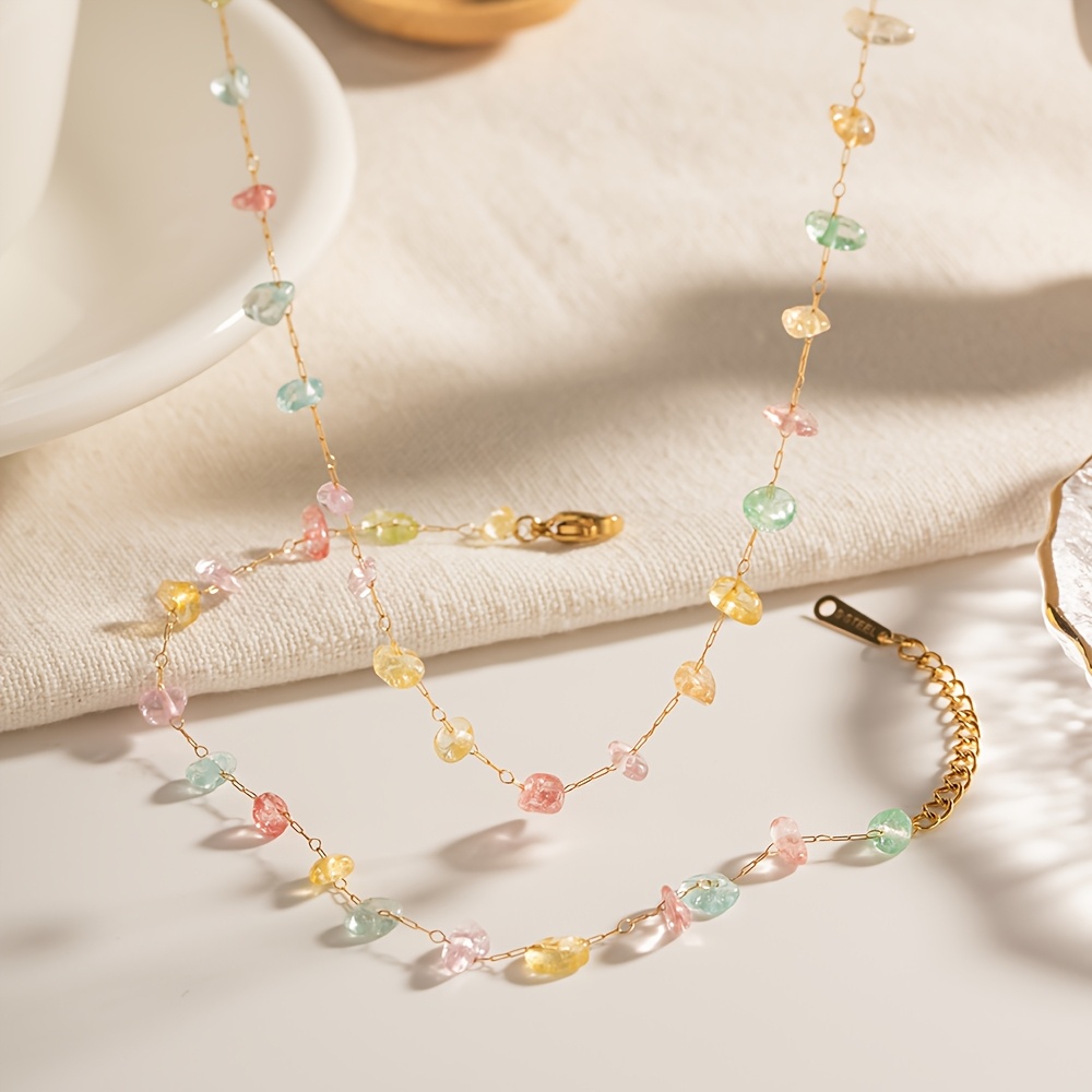Niche Design Irregular Colored Pebble Pendant Collarbone Chain + Bracelet Set