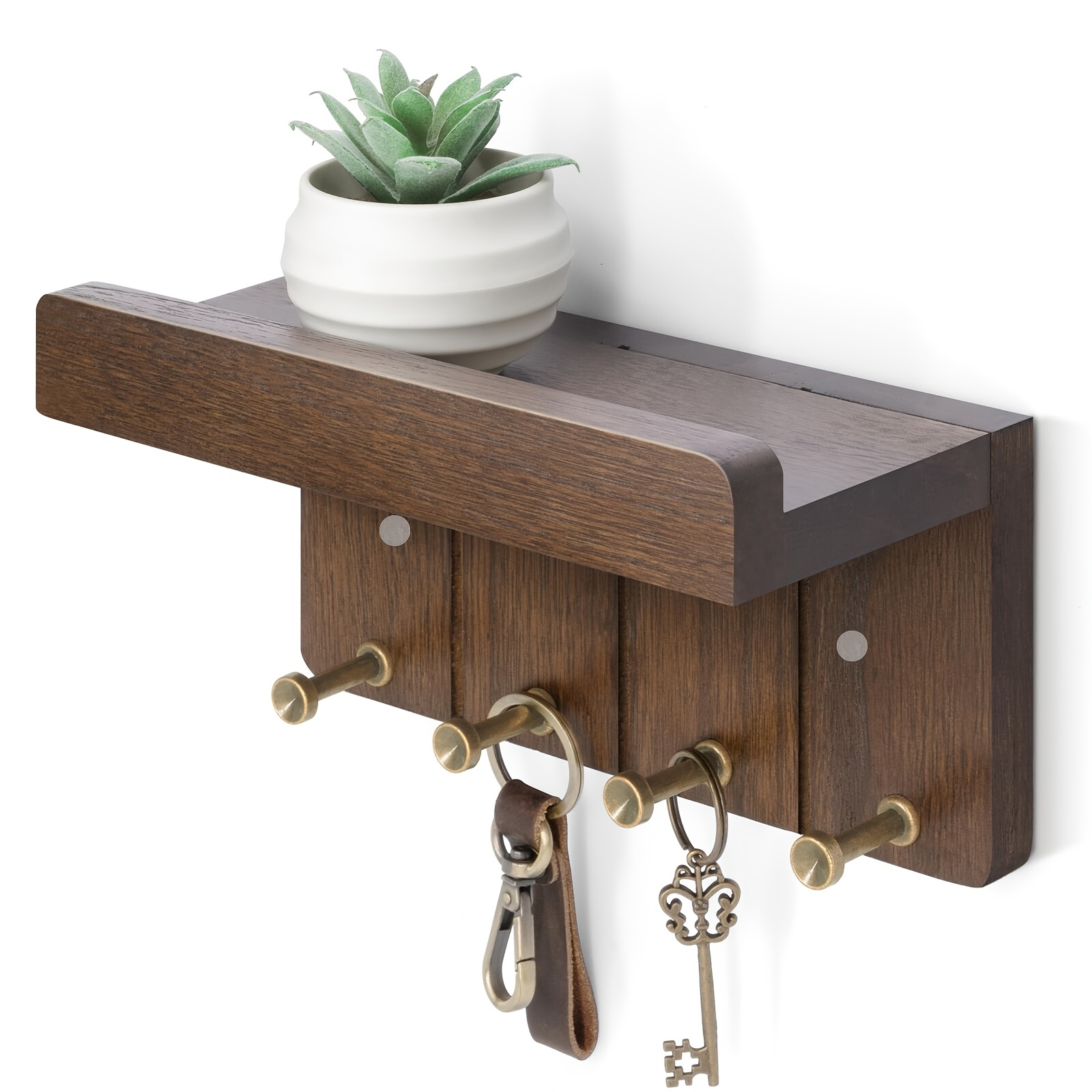 Small Key Holder Wall Mount - Aesthetic Room Decor With 4 Study Hooks And Mini Floating Shelf - Ideal Apartment Essentials For Room And Home Decor
