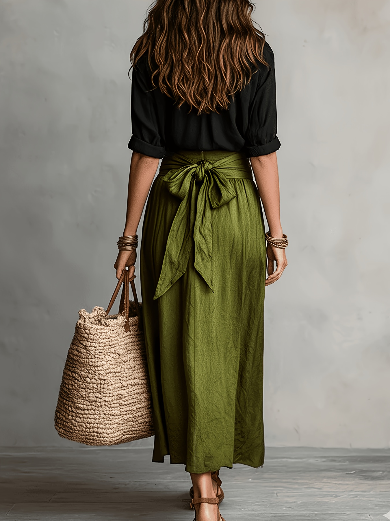 item picture new cross border womens fashion elegant spring summer solid color shirt tie waist long skirt 2pcs set