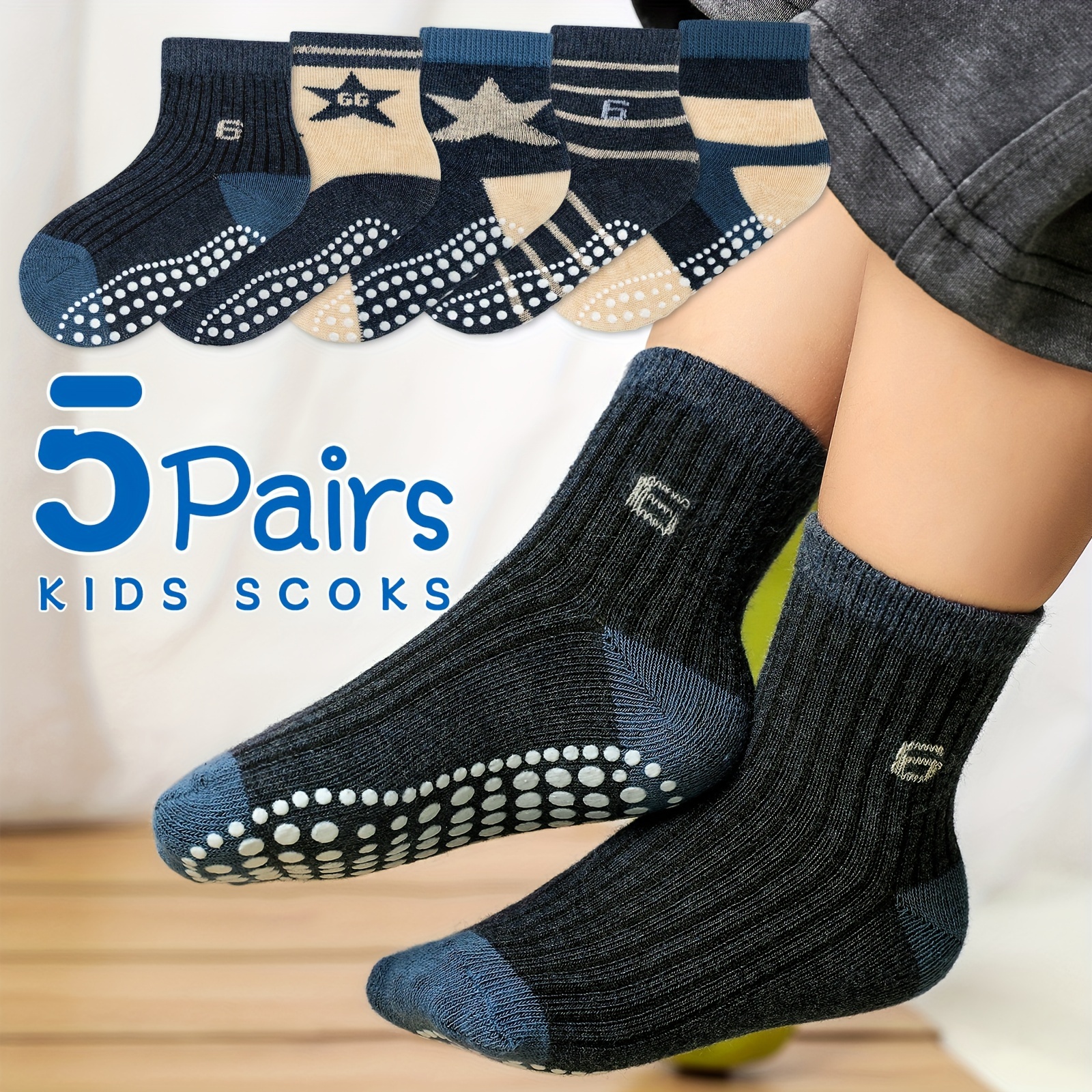 5-pack Mid-calf Socks For Boys, Non-slip Indoor Socks