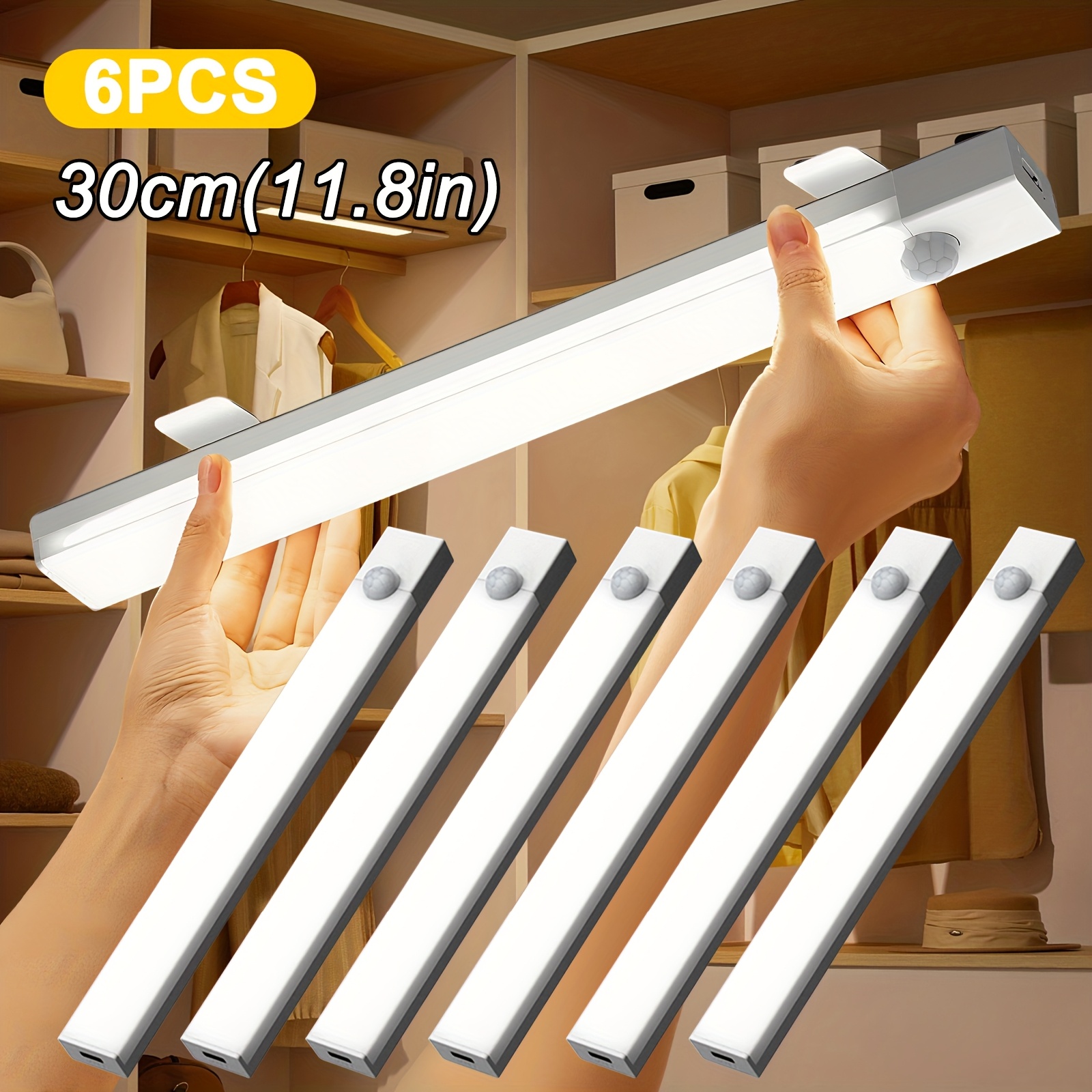 TEMU 6pcs Smart Led Motion Sensor Lights, Led Indoor Lighting Strips With Usb Rechargeable Magnetic Night Lights, Sizes 3.94in/7.87in/11.81in,