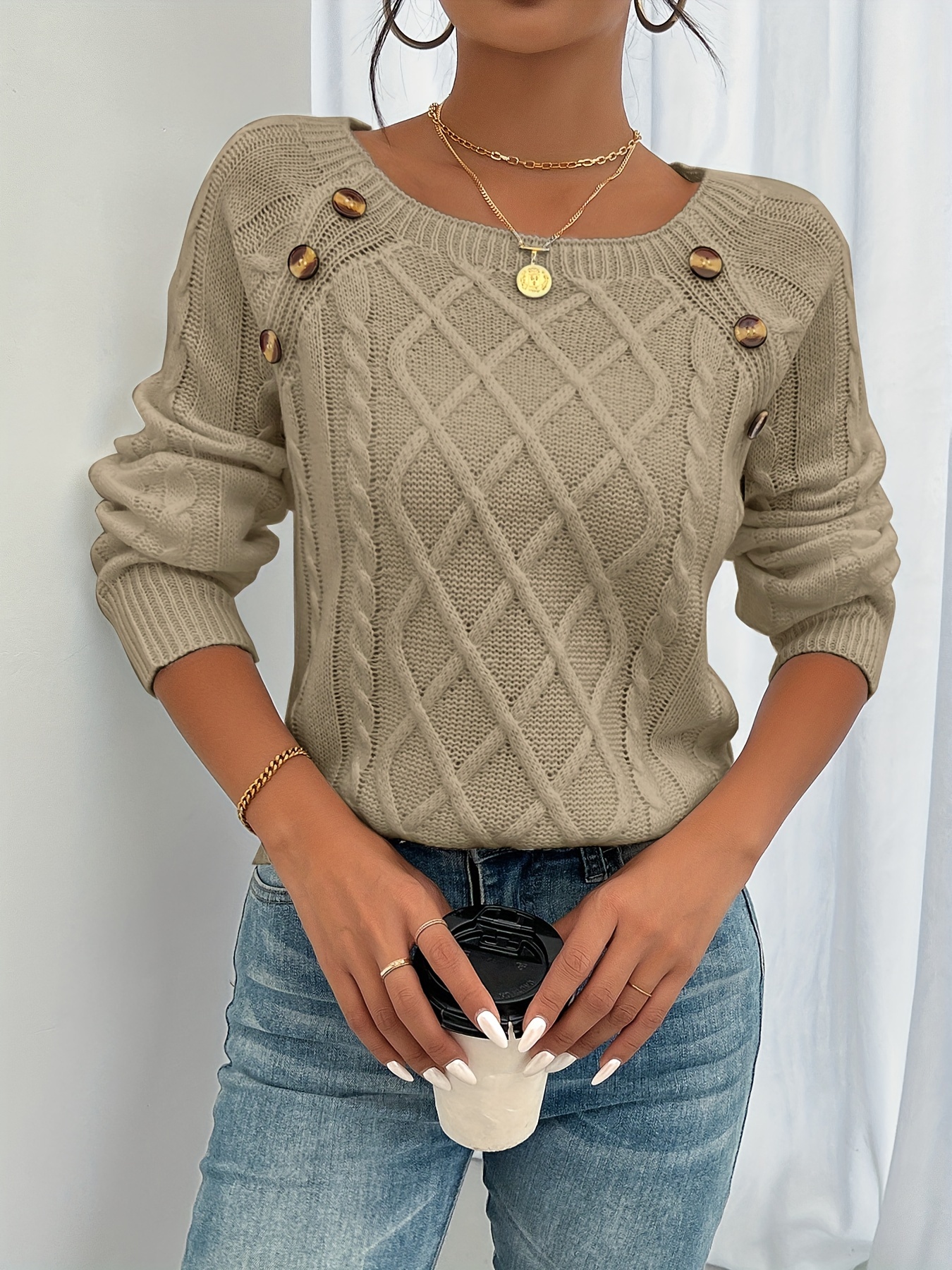 long sleeve cable knit sweater casual crew neck sweater womens clothing