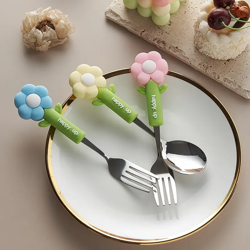 4pcs flower silicone handle fork and spoon set stainless steel tableware suitable for kitchen restaurant hotel carrying party travel camping Product details 0
