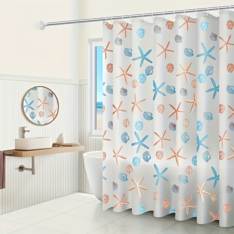 

Waterproof Starfish Shower Curtain With Hooks, Peva Plastic Bathroom Accessory, Romantic Theme Polyester Fabric