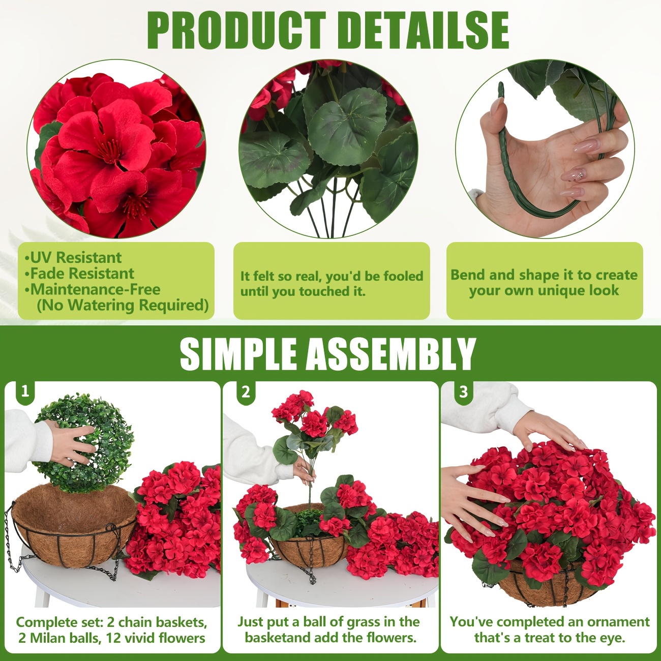 2 Sets Artificial Red Geraniums Flowers for with Hanging Baskets, 2 Hanging Planters with 12pcs Red Geranium Flowers for Christmas Front Yard Garden Patio Home Decor (2, Red)
