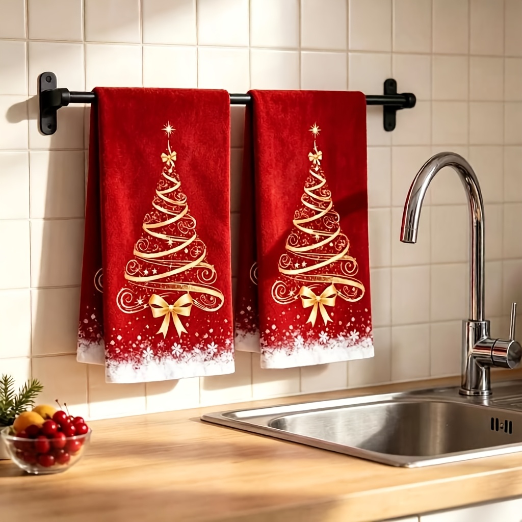 TEMU 2-pack Christmas Red And Snowflake Kitchen Towels, 16*24 Inches, Burgundy And Christmas Tree Snowflake Decorative Dishcloths, Absorbent Holiday,