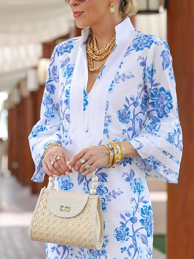 womens v neck flared sleeve h shaped split dress casual printed long skirt Product details 2