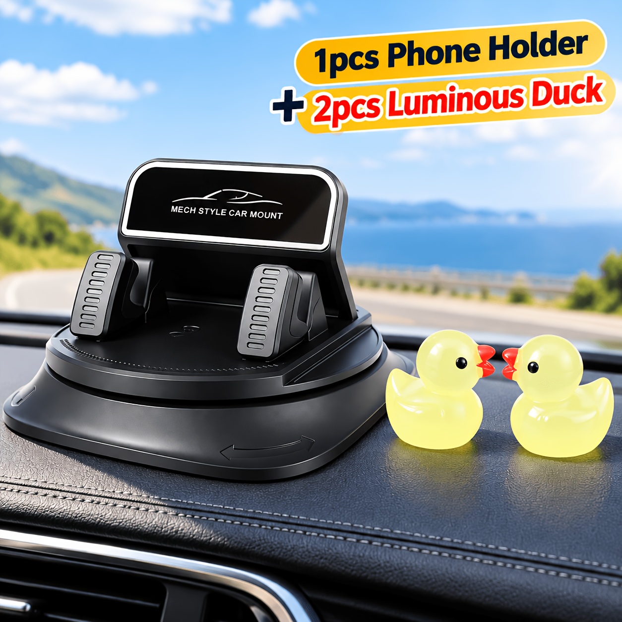 TEMU 360° Rotatable Car Mobile Phone Holder + 2 Luminous Duck Ornaments, Anti-slip Mat, Does Not Damage The Interior, Suitable For In-car Dashboard,