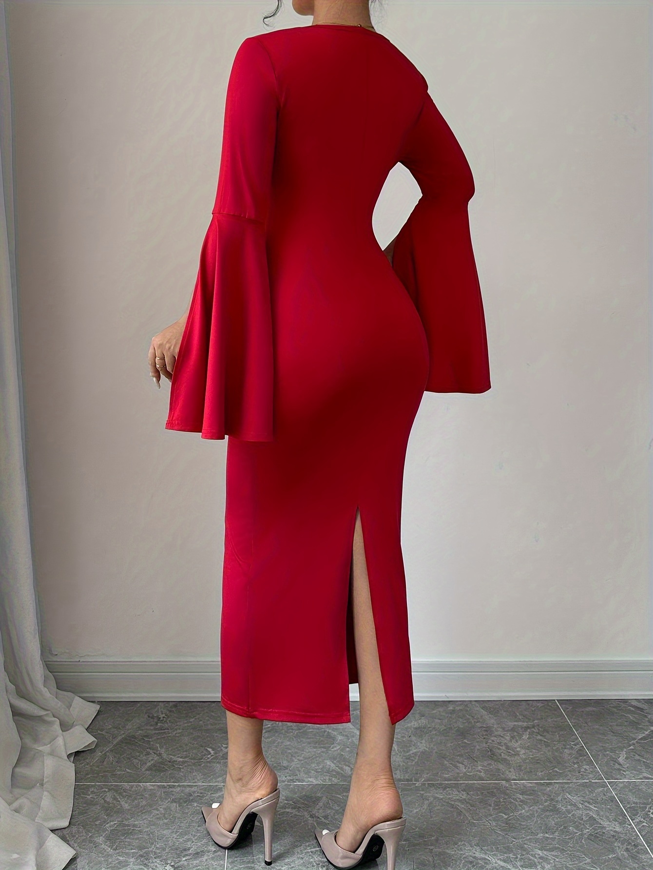 knee length dresses for ladies Glamour Red Long Sleeves Side Slit Prom Dress