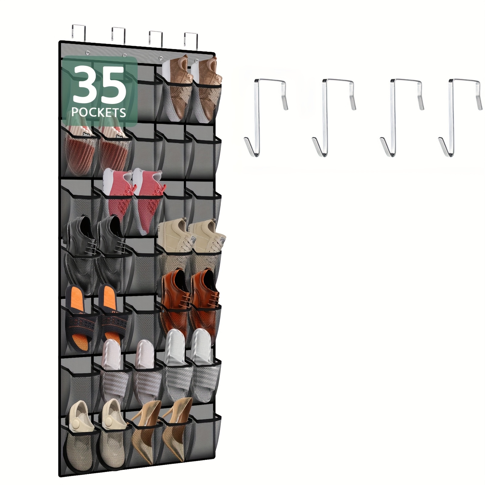 

A Hanging Shoe Storage Bag With 35 Mesh Pockets, Featuring A Large Capacity And 4 Metal Hooks, Suitable For Use In Bedrooms, Bathrooms, And More.