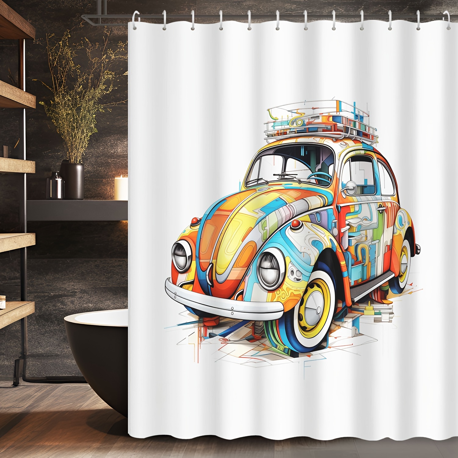 

Vintage Cartoon Car Printed Shower Curtain, 72x72 Inch Water-resistant Polyester Bathroom Decor With Grommet Top, Machine Washable, Includes Hooks, Multi-color Graffiti Antique Vehicle Design