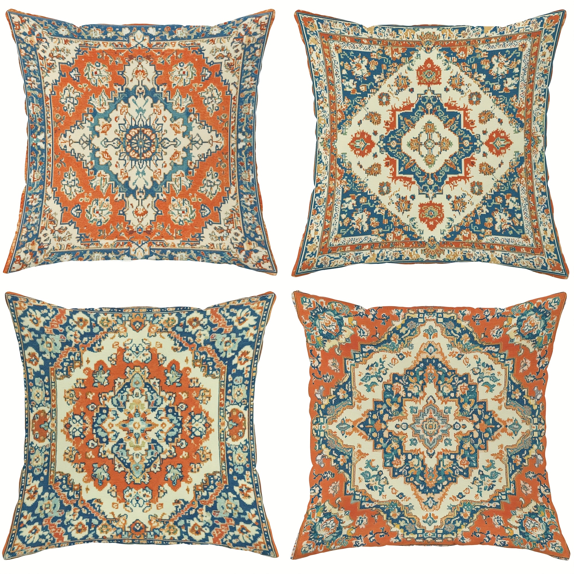 4pcs polyester throw pillow cover retro ethnic geometric pattern blue red orange soft decorative cushion cover with zipper closure for living room bedroom sofa decoration ethnic   double sided printing polyester without pillow core Product details 1